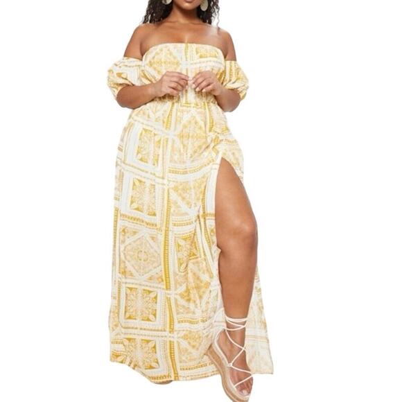 PRETTYLITTLETHING Yellow Paisley Tile Print Bardot Maxi Dress Off-Shoulder - 22 - Picture 1 of 8